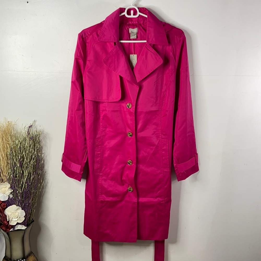 Chico's Trench Coat, Tie Waist, Hooded, Size M, Button Closure, Hot Pink, NWT